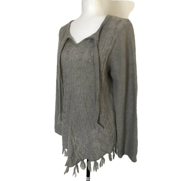 PRANA Shelby Poncho Sweater Womens Size Large Fog Taupe Cable Knit Tassle - Picture 4 of 7